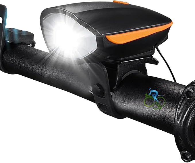 Rechargeable Front Bicycle And Scooter Light with Lithium Battery, Powerful LED Illumination, Built-in Siren, and 5 Multi-Sound Modes – by Abo Elgoukh & Maxlerz – Orange Color - Image 1